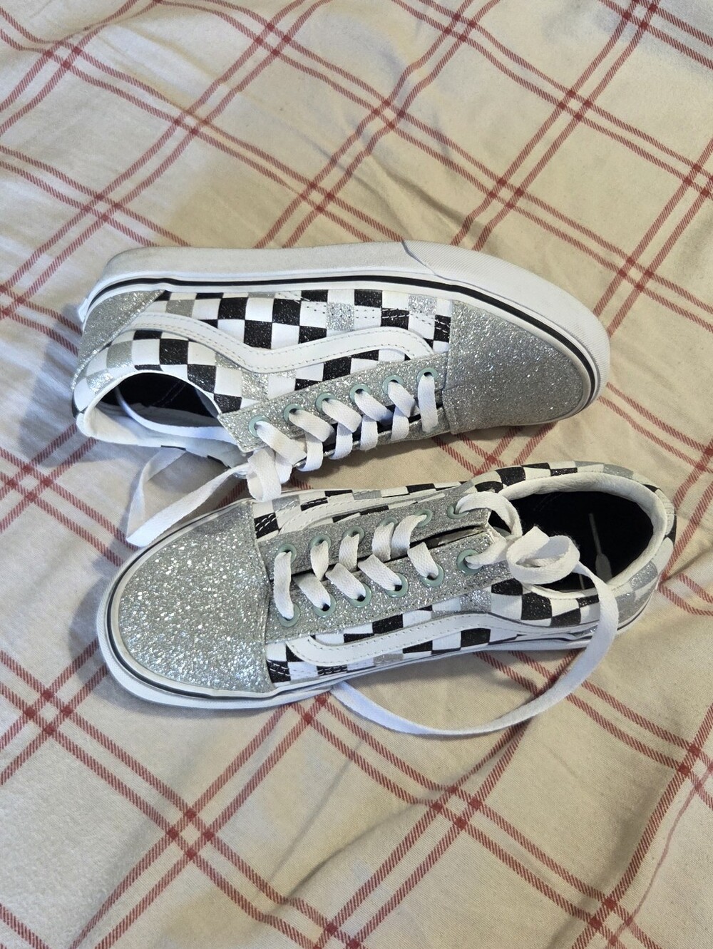 Vans Checkerboard Glitter Low-Top Sneakers - White/Silver
